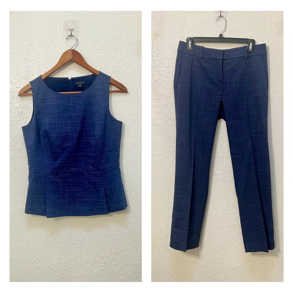Ann Taylor Petite Navy Blue Glen Plaid Peplum Top and Slim Leg Pant Suit Set 4P